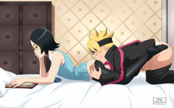 Rule 34 | 1boy, 1girl, absurdres, ass, ass grab, bare shoulders, bed, bed sheet, black hair, blonde hair, blue eyes, boruto: naruto next generations, closed eyes, closed mouth, expressionless, eyebrows, face in ass, forehead protector, from side, glasses, gluteal fold, hetero, highres, indoors, lying, master chimichurri, masturbation, multitasking, naruto, naruto (series), necktie, no shoes, nose, on bed, on stomach, penis, pillow, reading, short hair, smelling, smile, uchiha sarada, unamused, uzumaki boruto