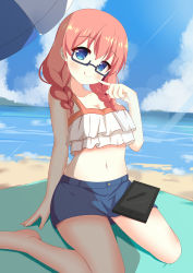 Rule 34 | 1girl, :q, absurdres, amano miu, bare arms, bare shoulders, barefoot, beach, beach umbrella, bikini, bikini top only, black-framed eyewear, blend s, blue eyes, blue skirt, blue sky, blush, braid, breasts, cleavage, closed mouth, cloud, cloudy sky, collarbone, commentary request, day, drawing tablet, finger to cheek, frilled bikini, frilled bikini top, frills, glasses, hair between eyes, hair over shoulder, head tilt, highres, looking at viewer, low twintails, medium breasts, midriff, miniskirt, navel, ocean, outdoors, red hair, semi-rimless eyewear, sidelocks, sitting, skirt, sky, smile, solo, stylus, swimsuit, thighs, tongue, tongue out, twin braids, twintails, umbrella, under-rim eyewear, wariza, white bikini, xiaosamiao