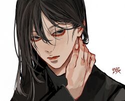 Rule 34 | 1boy, bishounen, black eyes, black hair, black shirt, closed mouth, commentary, fingernails, hair between eyes, hand on own neck, hand up, highres, kagoya1219, long sleeves, looking at viewer, male focus, medium hair, original, portrait, shirt, signature, simple background, solo, straight hair, white background