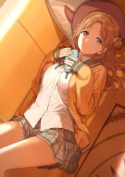 Rule 34 | 1girl, black ribbon, bow, breasts, brown eyes, brown hair, brown jacket, cellphone, closed mouth, collared shirt, commentary request, couch, dress shirt, eyebrows hidden by hair, feet out of frame, from above, grey skirt, hair bow, hair bun, highres, holding, holding phone, ichikawa hinana, idolmaster, idolmaster shiny colors, jacket, knees up, long hair, long sleeves, looking at viewer, lying, medium breasts, neck ribbon, on back, on couch, open clothes, open jacket, parted bangs, phone, pillow, pleated skirt, ribbon, shirt, side bun, single hair bun, single side bun, skirt, sleeves past wrists, smile, solo, tuchinokoeffect, white bow, white shirt