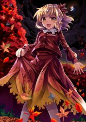 Rule 34 | 1girl, aki shizuha, autumn, autumn leaves, blonde hair, commentary request, e.o., forest, hair ornament, highres, leaf hair ornament, long hair, looking at viewer, moon, mountain, nature, night, night sky, open mouth, red shirt, red skirt, shirt, short hair, skirt, sky, smile, solo, touhou, yellow eyes