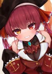 Rule 34 | 1girl, absurdres, ascot, bare shoulders, bicorne, black coat, black hat, blush, breasts, brooch, cleavage, coat, frilled shirt collar, frills, gold trim, grin, hair ribbon, hat, heterochromia, highres, hololive, houshou marine, jacket, jewelry, kohe billialot, large breasts, leotard, leotard under clothes, long hair, looking at viewer, off shoulder, pirate, pirate hat, red ascot, red eyes, red hair, red jacket, red ribbon, ribbon, see-through, see-through cleavage, see-through leotard, sleeves past fingers, sleeves past wrists, smile, solo, twintails, upper body, virtual youtuber, yellow eyes