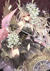 Rule 34 | 1girl, armpits, ascot, bare shoulders, black dress, black gloves, black thighhighs, blush, breasts, brooch, card, cleavage, dress, earrings, elbow gloves, energy wings, flower, forget-me-not (flower), gears, gem, gloves, hair flower, hair ornament, headdress, holding, holding sword, holding weapon, horns, impossible clothes, jewelry, lace, lace-trimmed gloves, lace-trimmed legwear, lace trim, lily (flower), long hair, looking at viewer, medium breasts, nozomi fuuten, original, pearl (gemstone), playing card, pointy ears, rapier, red eyes, see-through, see-through cleavage, sideboob, silver hair, sleeveless, solo, striped, sword, thighhighs, tsurime, vertical stripes, very long hair, weapon, wings