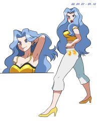 Rule 34 | 2girls, armpits, bare arms, bare shoulders, blue eyes, blue hair, breasts, camisole, cleavage, collarbone, creatures (company), crop top, dated, game freak, hand in own hair, hand up, high heels, highres, karen (pokemon), large breasts, light blue hair, long hair, looking at viewer, midriff, multiple girls, navel, nintendo, pants, parted bangs, pokemon, pokemon hgss, simple background, spaghetti strap, wavy hair, white background, white pants, wogud95, yellow camisole, yellow footwear