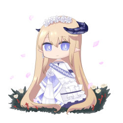 Rule 34 | arknights, blonde hair, blue eyes, chibi, closed mouth, dress, elbow gloves, flower, frilled dress, frills, full body, gloves, hair flower, hair ornament, highres, horns, long hair, mishima hisa, petals, pointy ears, rose, saileach (appreciate fragrance) (arknights), saileach (arknights), simple background, smile, standing, strapless, strapless dress, very long hair, white background, white dress, white flower, white gloves, white rose