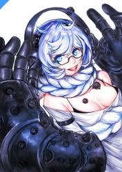 Rule 34 | 10s, 1girl, :d, absurdly long hair, abyssal ship, bare shoulders, black-framed eyewear, blue eyes, braid, breasts, cleavage, colored skin, gauntlets, glasses, headphones, kantai collection, long hair, looking at viewer, medium breasts, off shoulder, open mouth, pale skin, power fist, semi-rimless eyewear, single braid, smile, solo, supply depot princess, under-rim eyewear, very long hair, white hair, white skin, ytoy