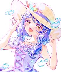 Rule 34 | 1girl, :d, arm up, blush, bow, brown eyes, commentary request, dress, hat, highres, lilylily0601, looking at viewer, low twintails, magical girl, open mouth, precure, purple hair, seashell, shell, sleeveless, smile, solo, sun hat, suzumura sango, teeth, tropical-rouge! precure, twintails, upper teeth only, water, water drop, white background