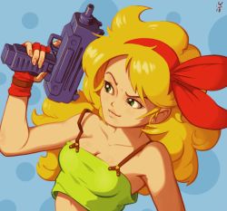 Rule 34 | 1girl, blonde hair, blue background, breasts, cleavage, commentary, crop top, curly hair, dark persona, dragon ball, dragon ball (classic), english commentary, eyebrows, fingerless gloves, gloves, green eyes, gun, hairband, holding, holding gun, holding weapon, joakim sandberg, lips, long hair, lunch (bad) (dragon ball), lunch (dragon ball), machine pistol, medium breasts, polka dot, polka dot background, red gloves, red hairband, solo, spaghetti strap, stomach, submachine gun, trigger discipline, uzi, weapon