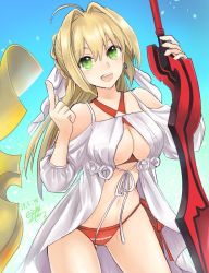 Rule 34 | 1girl, ahoge, bare shoulders, bikini, blonde hair, blush, breasts, cleavage, commentary request, criss-cross halter, dated, earrings, fate/grand order, fate (series), green eyes, hair intakes, halterneck, highres, holding, holding sword, holding weapon, hp 0 (eitipe0), jewelry, large breasts, long hair, looking at viewer, nero claudius (fate), nero claudius (fate) (all), nero claudius (swimsuit caster) (fate), nero claudius (swimsuit caster) (third ascension) (fate), no navel, side-tie bikini bottom, signature, smile, solo, striped bikini, striped clothes, swimsuit, sword, teeth, upper teeth only, weapon