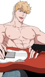 Rule 34 | 1boy, :p, abs, balnom, bara, blonde hair, denim, ear piercing, electric guitar, fingerless gloves, gloves, green eyes, guitar, highres, holding, holding instrument, instrument, jeans, light blush, male focus, mole, mole under eye, muscular, muscular male, nipples, original, pants, pectorals, piercing, short hair, solo, tongue, tongue out, topless male, upper body, white background