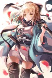 Rule 34 | 1girl, ahoge, bad id, bad twitter id, black bow, black thighhighs, blonde hair, blush, bow, breasts, cowboy shot, fate/grand order, fate (series), gluteal fold, hair between eyes, hair bow, highres, holding, holding weapon, icebox46, japanese clothes, kimono, looking at viewer, okita souji (fate), okita souji (koha-ace), open mouth, petals, scarf, sheath, short hair, sideboob, simple background, solo, sword, thighhighs, weapon, white background, yellow eyes, zettai ryouiki