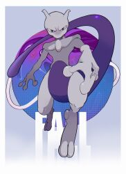 Rule 34 | border, commentary, creatures (company), full body, furrowed brow, game freak, gen 1 pokemon, gogot, grey background, grey eyes, highres, horns, legendary pokemon, looking at viewer, mewtwo, nintendo, pokemon, pokemon (creature), solo, toes, white border