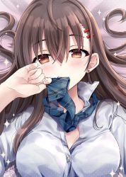 Rule 34 | 1girl, bed sheet, blue necktie, blush, breasts, brown eyes, brown hair, clenched teeth, collared shirt, commentary request, dress shirt, earrings, hair between eyes, hair intakes, hair ornament, hairclip, hand up, highres, jewelry, long hair, looking at viewer, lying, maruma (maruma gic), medium breasts, mouth hold, necktie, necktie in mouth, on back, original, plaid necktie, shirt, solo, sparkle, stud earrings, teeth, upper body, white shirt