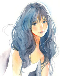 Rule 34 | 1girl, blue eyes, blue hair, camisole, leaning forward, long hair, looking to the side, original, parted lips, smile, solo, swept bangs, twitter username, upper body, wavy hair, yuu (mol)