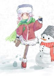 1girl adjusting_footwear black_pantyhose blush brown_eyes coat commentary footprints full_body fur-trimmed_coat fur_hat fur_trim green_scarf hashtag-only_commentary hat highres long_sleeves onii-chan_wa_oshimai! outdoors oyama_mahiro pantyhose pink_hair puffy_long_sleeves puffy_sleeves red_coat red_footwear red_scarf roli7946 scarf shoes snow snowman solo standing standing_on_one_leg winter winter_clothes