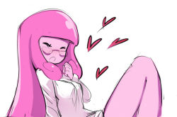 Rule 34 | 1girl, adventure time, alternate hairstyle, bespectacled, breasts, closed eyes, colored skin, glasses, hair down, heart, lab coat, large breasts, long hair, naked shirt, open mouth, out-of-frame censoring, pink hair, pink skin, princess bonnibel bubblegum, sexually suggestive, shirt, sho-n-d, simple background, solo, white background