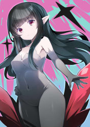 Rule 34 | 1girl, bare shoulders, black hair, blunt bangs, bodysuit, breasts, closed mouth, covered navel, elbow gloves, gloves, grey bodysuit, grey gloves, highres, long hair, medium breasts, monster farm, omochishiki, pansy (monster farm), pink eyes, pointy ears, skin tight, solo