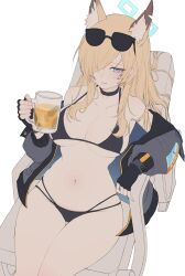 Rule 34 | 1girl, absurdres, alcohol, alternate costume, animal ear fluff, animal ears, bare shoulders, beach chair, beer, beer mug, bikini, black bikini, black choker, black gloves, blonde hair, blue archive, blue eyes, blue jacket, breasts, choker, cleavage, closed mouth, collarbone, cup, dog ears, dog girl, eyewear on head, fingerless gloves, gloves, hair over one eye, halo, highres, jacket, kanna (blue archive), large breasts, long bangs, mug, navel, off shoulder, open clothes, open jacket, simple background, sitting, solo, stomach, sunglasses, swept bangs, swimsuit, thigh gap, thighs, zerocat