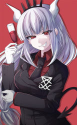 Rule 34 | 1girl, black necktie, black suit, black tail, business suit, cup, demon girl, demon horns, demon tail, drinking glass, formal, hairband, helltaker, highres, holding, holding cup, horns, lucifer (helltaker), makina00, mole, mole under eye, necktie, red background, red shirt, shirt, simple background, slit pupils, solo, spiked hairband, spikes, suit, tail, upper body, white horns
