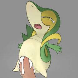 Rule 34 | 1girl, closed eyes, creatures (company), cum, cum in pussy, disembodied penis, erection, full body, game freak, gen 5 pokemon, grey background, highres, nintendo, no humans, open mouth, penis, pokemon, pokemon (creature), pussy, simple background, snivy, solo, stomach bulge, tail, tears, uncensored, youjo modoki