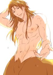 Rule 34 | 1boy, abs, backlighting, brown hair, centaur, chiron (fate), fate/apocrypha, fate (series), long hair, male focus, matsuo shin, monster boy, muscular, muscular male, outstretched hand, simple background, solo, taur, wet, white background