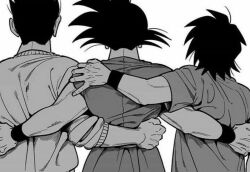 Rule 34 | 3boys, arms behind back, black hair, brothers, dragon ball, family, father and son, height difference, hugged from behind, monochrome, multiple boys, muscular, muscular male, siblings, son gohan, son goku, son goten, spiked hair, tagme