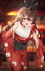 Rule 34 | 1girl, :d, absurdres, amber (genshin impact), black hairband, black sash, blurry, blurry background, blush, bow hairband, breasts, brown eyes, brown hair, candy apple, crossed bangs, educk, floral print, food, fur-trimmed kimono, fur trim, genshin impact, hairband, hands up, highres, holding, holding food, japanese clothes, kimono, leaning forward, long hair, looking at viewer, medium breasts, obi, open mouth, print kimono, red kimono, sash, sidelocks, smile, snowing, solo, standing, teeth, upper teeth only, wide sleeves, winter, winter clothes