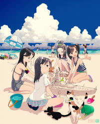 Rule 34 | 6+girls, animal, arm up, backwards hat, bangs pinned back, bare shoulders, barefoot, beach umbrella, bikini, black bikini, black cat, black hair, black one-piece swimsuit, blue bikini, blue sky, bottle, brown eyes, brown hair, bucket, cat, cloud, cloudy sky, commentary request, conch, dated, day, dress, frilled bikini, frills, hair bobbles, hair ornament, hat, headband, highres, horizon, inflatable dolphin, inflatable toy, japanese flag, kneeling, kokudou juunigou, long hair, multiple girls, ocean, one-piece swimsuit, original, outdoors, overall shorts, overalls, pleated skirt, purple footwear, red headwear, sand sculpture, sandals, school swimsuit, shoe soles, skirt, sky, sleeveless, sleeveless dress, standing, striped clothes, striped skirt, swimsuit, trowel, umbrella, vehicle request, very long hair, water, white dress, white one-piece swimsuit, yellow bikini