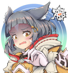 Rule 34 | 1girl, animal ear fluff, animal ears, brown eyes, cat ears, dmt (auburn), fangs, gloves, grey hair, jumpsuit, long sleeves, looking at viewer, nia (xenoblade), open mouth, scared, short hair, solo, upper body, white background, white gloves, xenoblade chronicles (series), xenoblade chronicles 2, yellow jumpsuit