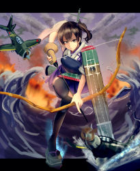 Rule 34 | 10s, 1girl, absurdres, aircraft, airplane, archery, blush, boots, bow (weapon), brown eyes, explosion, fire, flight deck, gloves, hair ribbon, highres, japanese clothes, kaga (kancolle), kantai collection, komakinyan, kyuudou, muneate, partially fingerless gloves, partly fingerless gloves, personification, ribbon, single glove, skirt, solo, thigh boots, thighhighs, water, weapon, yugake