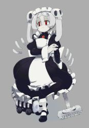 Rule 34 | 1girl, 770mk, absurdres, apron, bloody marie (skullgirls), brooch, dress, frilled apron, frilled dress, frills, full body, grey background, grey hair, hair ornament, highres, jewelry, juliet sleeves, long sleeves, maid headdress, mary janes, puffy sleeves, red eyes, shoes, skull hair ornament, skullgirls, solo, twintails, vacuum cleaner