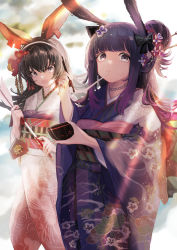 Rule 34 | 2girls, :d, alternate costume, alternate hairstyle, animal ears, april (arknights), arknights, arrow (projectile), black bow, black hair, blunt bangs, bow, bowl, brown eyes, chinese zodiac, choker, chopsticks, closed mouth, cowboy shot, day, eating, ema, floral print, flower, food, hair bow, hair bun, hair flower, hair ornament, hairband, hamaya, hemorina, highres, holding, holding arrow, holding bowl, holding chopsticks, japanese clothes, kimono, light rays, long hair, looking at viewer, mochi, multiple girls, obi, open mouth, print kimono, purple choker, purple hair, purple kimono, rabbit ears, red flower, rope (arknights), sash, side bun, single hair bun, single side bun, smile, standing, sunbeam, sunlight, white hairband, white kimono, year of the tiger