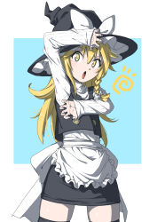 Rule 34 | 1girl, :o, apron, back bow, black hat, black skirt, black thighhighs, black vest, blonde hair, blue background, bow, commentary request, cowboy shot, frilled apron, frills, hair between eyes, hat, hat bow, highres, inuno rakugaki, kirisame marisa, long hair, long sleeves, looking at viewer, miniskirt, open mouth, shirt, simple background, skirt, solo, striped clothes, striped shirt, thighhighs, thighs, touhou, vest, waist apron, white apron, white bow, white shirt, witch hat, yellow eyes