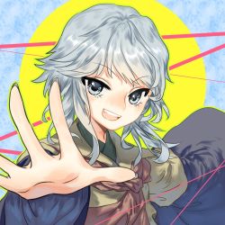 Rule 34 | androgynous, bow, brown coat, coat, gender request, highres, houlen yabusame, len&#039;en, open mouth, short hair, short hair with long locks, grey eyes, silver hair, smile, solo, wei li