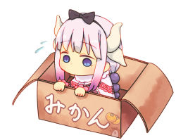 Rule 34 | 10s, 1girl, beads, blue eyes, blunt bangs, box, capelet, commentary request, dragon girl, dragon horns, dress, flying sweatdrops, for adoption, hair beads, hair ornament, hairband, hasheko, horns, in box, in container, kanna kamui, kobayashi-san chi no maidragon, light purple hair, long hair, mikan box, on box, solo, twintails