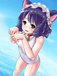 Rule 34 | 10s, 1girl, animal ears, bell, black hair, cat ears, cat tail, collar, curly hair, cyan (show by rock!!), day, green eyes, noukou, one-piece swimsuit, paw pose, school swimsuit, show by rock!!, solo, swimsuit, tail, white school swimsuit, white one-piece swimsuit