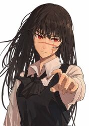 Rule 34 | 1girl, black hair, black ribbon, chainsaw man, cross scar, dress, facial scar, fourth east high school uniform, highres, long hair, looking at viewer, neck ribbon, niroxin, pinafore dress, pointing, pointing at viewer, red eyes, ribbon, ringed eyes, scar, scar on cheek, scar on face, school uniform, simple background, sleeveless dress, solo, white background, yoru (chainsaw man)