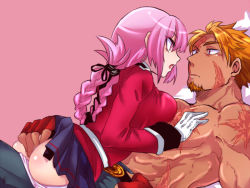Rule 34 | 1boy, 1girl, ass, ass grab, bear, beowulf (fate), braid, brown hair, eye contact, facial hair, fate/grand order, fate (series), fingerless gloves, florence nightingale (fate), gloves, grabbing another&#039;s ass, groping, hetero, long hair, looking at another, manly, mijinko (83nabe), panties, panty pull, pink background, pink eyes, pink hair, pleated skirt, red eyes, scar, topless male, skirt, underwear, white gloves