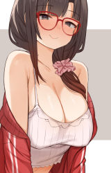 Rule 34 | 1girl, blush, bow, breasts, brown eyes, choco tanuki, cleavage, glasses, hair ornament, highres, jacket, large breasts, long hair, looking at viewer, nijisanji, no bra, open clothes, open jacket, outside border, red-framed eyewear, red jacket, side ponytail, smile, solo, suzuka utako, virtual youtuber