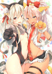Rule 34 | 2girls, animal ears, animal hands, bell, black leotard, blonde hair, bow, breasts, cat ears, cat tail, chloe von einzbern, collar, dangeroes beast (chloe), dangeroes beast (illya), dark-skinned female, dark skin, fake animal ears, fang, fate/kaleid liner prisma illya, fate (series), fur collar, fur trim, hair bell, hair between eyes, hair bow, hair ornament, hair ribbon, illyasviel von einzbern, jingle bell, leotard, long hair, looking at viewer, multiple girls, navel, no panties, official alternate costume, open mouth, pink hair, red bow, red collar, red eyes, red ribbon, ribbon, small breasts, smile, sune (mugendai), tail, tail bell, tail ornament, tail ribbon, thigh strap, yellow eyes