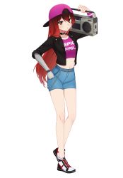 Rule 34 | 1980s (style), backwards hat, bare legs, choker, cosplay, epic fail project, erica naito, hat, highres, long hair, mechanical arms, mechanical parts, oldschool, original, red hair, retro artstyle, self-upload, shorts, single mechanical arm, solo, transparent background