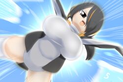 Rule 34 | 1girl, :d, black eyes, black hair, black jacket, blue sky, breasts, commentary request, cowboy shot, emperor penguin (kemono friends), emphasis lines, falling, from below, hair between eyes, hair over one eye, headphones, jacket, kemono friends, large breasts, lets0020, long bangs, looking at viewer, motion blur, multicolored hair, numbered, one-piece swimsuit, open clothes, open jacket, open mouth, orange hair, short hair, sky, smile, solo, streaked hair, swimsuit, thighhighs, white one-piece swimsuit, white thighhighs
