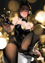 Rule 34 | 1girl, absurdres, animal ears, bare shoulders, between toes, black hair, black pantyhose, blush, bow, bowtie, breasts, commentary request, detached collar, fake animal ears, feet, hair bun, hands on feet, high heels, highres, leotard, looking at viewer, no shoes, original, pantyhose, playboy bunny, rabbit ears, shoes, unworn shoes, single hair bun, sitting, smile, solo, thighband pantyhose, toes, tray, wrist cuffs, yomu (sgt epper)