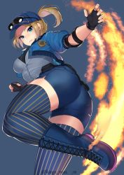 Rule 34 | 1girl, ass, baseball cap, belt, blonde hair, blue eyes, blue thighhighs, blush, boots, breasts, cross-laced footwear, eyewear on head, final fight, final fight tough, fingerless gloves, fire, gloves, grey background, hat, highres, huge ass, kagematsuri, lace-up boots, large breasts, legs, looking at viewer, lucia morgan, medium breasts, pantylines, police, police badge, police uniform, policewoman, ponytail, short hair, short shorts, shorts, simple background, smile, solo, street fighter, street fighter v, striped clothes, striped thighhighs, sunglasses, thick thighs, thighhighs, thighs, twitter username, uniform, wide hips