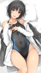 Rule 34 | 1girl, amagami, black hair, black jacket, black one-piece swimsuit, black sailor collar, breasts, brown eyes, collared shirt, competition swimsuit, covered navel, cowboy shot, dress shirt, highres, jacket, kibito high school uniform, medium breasts, nanasaki ai, one-piece swimsuit, open clothes, open jacket, open shirt, sailor collar, school uniform, serizawa (serizawaroom), shirt, short hair, solo, swimsuit, thigh gap, two-tone swimsuit, white shirt
