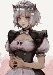 1girl, borrowed character, bow, breasts, cleavage, cleavage cutout, closed mouth, clothing cutout, fingernails, flower, frills, grey hair, hands together, highres, horns, maid, maid headdress, original, pink flower, pink rose, purple bow, purple eyes, purple horns, red lips, rose, shiny, shiny hair, short hair, solo, turtleneck, uglykao, white horns, white neckwear