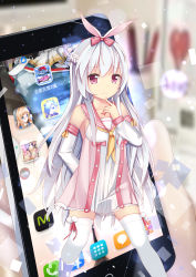 Rule 34 | 1girl, absurdres, animal ears, bare shoulders, bow, braid, cellphone, dress, finger to mouth, french braid, hair bow, heart, heart-shaped pupils, highres, jyt, long hair, looking at viewer, mini person, minigirl, momona (mvv), org.alie.momona, phone, pink eyes, pom pom (clothes), rabbit ears, sailor collar, silver hair, smartphone, smile, solo focus, symbol-shaped pupils, thighhighs, through medium, through screen, very long hair, warship girls r, white thighhighs, zettai ryouiki