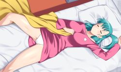 Rule 34 | 1girl, aqua hair, bed, blanket, breasts, bulma, closed eyes, commission, dragon ball, dragon ball (classic), dutch angle, large breasts, lindaroze, lying, on back, on bed, panties, parted lips, pillow, side ponytail, sleeping, solo, star (symbol), thighs, underwear, watermark, web address, white panties