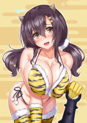 Rule 34 | 1girl, alternate costume, animal print, azur lane, beans, bent over, bikini, bikini top only, black hair, black panties, blush, breast press, breasts, brown eyes, cleavage, club, club (weapon), commentary request, curvy, hair between eyes, hair ornament, hairclip, horns, kanabou, ken ill, large breasts, long hair, looking at viewer, midriff, nagara (azur lane), nose blush, oni, oni horns, open mouth, panties, parted lips, setsubun, shiny skin, side-tie panties, sidelocks, single horn, smile, solo, swimsuit, thighhighs, thighs, throwing, tiger print, twintails, underwear, weapon, yellow background, yellow bikini, yellow thighhighs