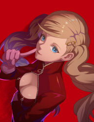 Rule 34 | 1girl, blonde hair, blue eyes, bodysuit, breasts, cleavage, earrings, finger to mouth, floating hair, gloves, hair ornament, hairclip, highres, index finger raised, jewelry, long hair, looking at viewer, medium breasts, persona, persona 5, pink gloves, red background, red bodysuit, reveen, shushing, solo, swept bangs, takamaki anne, twintails, upper body, very long hair